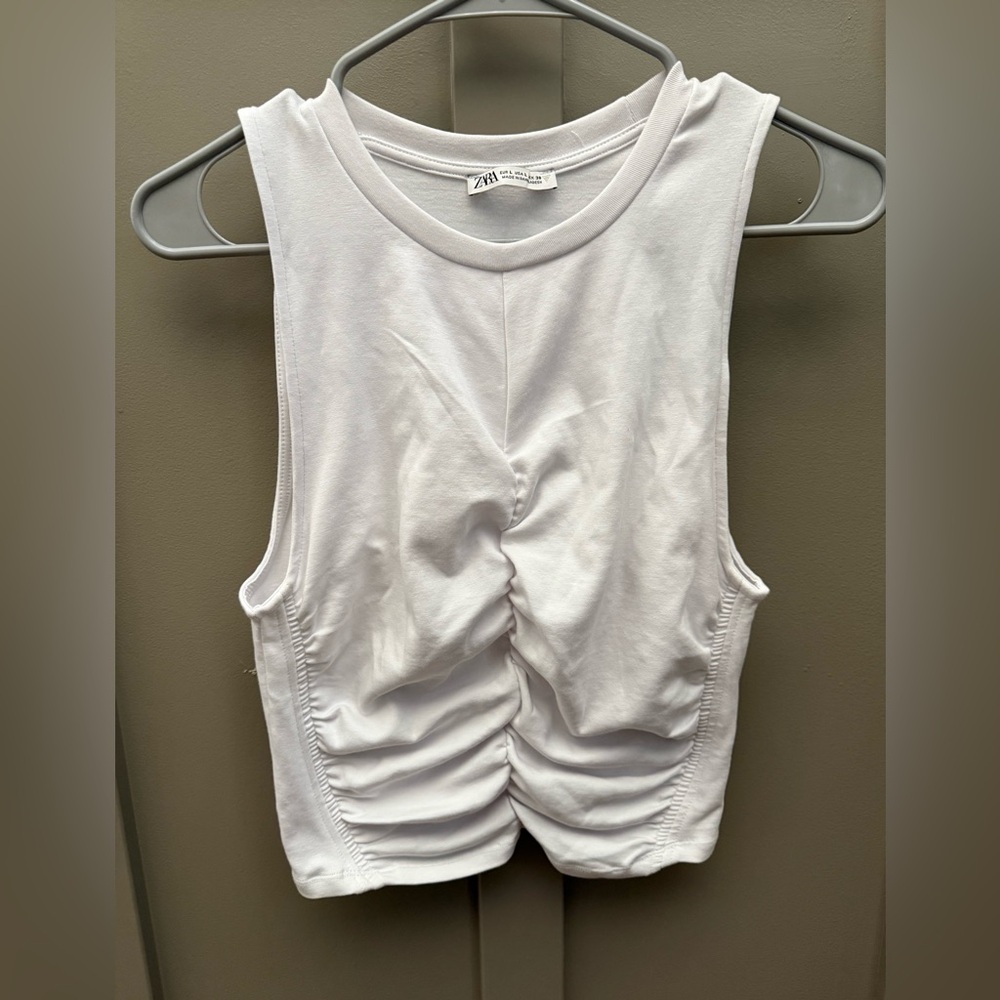 Zara White Ruched Crop Tank